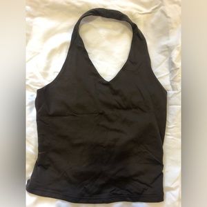 Halter top with straps across open back, dark brown, sized L